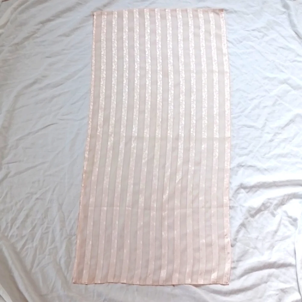 Vintage Handmade Sheer Scarf Pink & Gold Striped with Leaf Pattern, 36.5